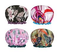 AOOWU Gorro Ducha Mujer, 4pcs Gorro de Baño Elástico Resistente al Moho, Shower Cap Reutilizables, Gorro Pelo Impermeable para el Pelo para Hogar, Salón, Spa, Viajes, Hotel, Cocina, Balneario