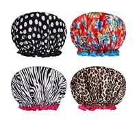AOOWU Gorro Ducha Mujer, 4pcs Gorro de Baño Elástico Resistente al Moho, Shower Cap Reutilizables, Gorro Pelo Impermeable para el Pelo para Hogar, Salón, Spa, Viajes, Hotel, Cocina, Balneario