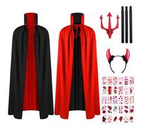 AOOWU Largo Disfraz Vampiro, 90cm Vampiro Capa para Niños, Cuello Alto, Desgaste de Doble Cara, Capa de Mascarada Halloween con Tenedor del Diablo, Diademas y Pegatinas para Tatuajes (4pcs-Estilo B)