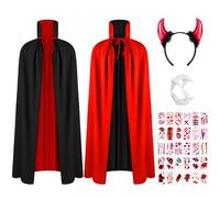 AOOWU Largo Disfraz Vampiro, 90cm Vampiro Capa para Niños, Cuello Alto, Desgaste de Doble Cara, Capa de Mascarada Halloween con Dentaduras Postizas, Diademas y Pegatinas para Tatuajes (4pcs-Estilo A)