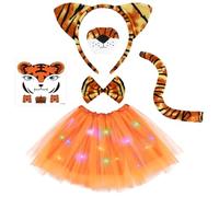 AOOWU Luminoso Disfraz Tigre Niña, 6 PCS Set LED Tutu Falda con Tigre Orejas Diadema Pajarita y Cola, Disfraz Animal Niña para Cumpleaños Carnaval Halloween Cosplay Fiesta y Jungle Party