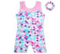 AOOWU Maillot de Danza para Niña, 2 PCS Leotardos de Gimnasia Rítmica para Niños con Diadema, Cuello Redondo Body Niña Danza, Ballet Leotardos Niña Sirena Rosa Sin Mangas para 6-7 Años (130CM)
