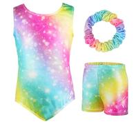 AOOWU Maillot de Danza para Niña, 3 PCS Leotardos de Gimnasia Rítmica para Niños con Pantalones de Gimnasia y Banda para el Cabello, Luz de Las Estrella Arcoíris Sin Mangas para 7-8 Años (130CM)