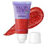 AOOWU Purpurina Cara Gel Líquido, 50ml Roll-on Gel Purpurina Corporal, Rojo | Brillantes Mujer para Cara Cabello y Cuerpo, Glitter Líquida de Rollon para Maquillaje Festival Rave,Carnaval y Halloween