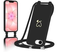 AoozeFon Handyband für iPhone 17E/ 16E Hülle mit Band,Handyhülle Silikon mit Goldenem Herzmuster für iPhone 16e, abnehmbare Stoßdämpfend Handytasche mit Nylon-Lanyard, Schwarz