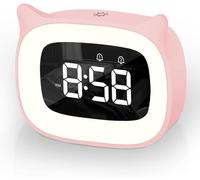 Aoreun Despertador digital para niños, doble despertador con luz digital, bonito gato infantil, lámpara de mesita de noche, función de repetición, 18 música, 5 modos de brillo, luz nocturna con