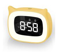 Aoreun Despertador digital para niños, doble despertador con luz digital, bonito gato infantil, lámpara de mesita de noche, función de repetición, 18 música, 5 modos de brillo, luz nocturna con