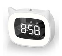 Aoreun Despertador Infantil Digitals, LED Pantalla Reloj Alarma Inteligente, Despertador de Gato, función Snooze Mesillas de noche despertador con lámpara,18 Música,5 Brillo,Regalo para Niños-Blanco