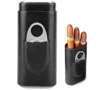 Aoreun Estuche para Puros, Humidificador de Cuero, 3 Tubes Portátil humidor de cigarros, Humidores de Cuero de Puros con Cortador de cigarros de Acero Inoxidable para Viajes de Negocios (Negro)