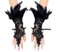 Aoreun Guantes de Encaje Plumas, Guantes Largos Mujer Sin Dedos, Guantes Largos Encaje Plumas Negro Guantes de Malla Góticos, Guantes de Encaje Vintage para Boda Carnaval Halloween Cosplay Fiesta