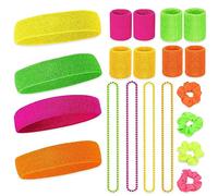 Aoreun Muñequera 80s Set, 20 Piezas Cinta Sudor Diadema Set 80s Muñequeras Gym, Grueso de Color Neón MuñEquera Cabeza Set Accesorios De Arco Iris Fiesta Retro para Carnaval Retro de los años 80 y 90