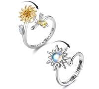 AORHOFJ 2Pcs Plata Anillos Mujer para Ansiedad - Girasol Anillo Inquietos con Piedra Lunar - Antiestrés Giratorios Abiertos Ajustables para Mujeres