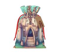 AoRom Bolsas de regalo con cordón de Navidad con estampado de castillo, bolsas de tela reutilizables, bolsa de regalo de Navidad con etiqueta de regalo para recuerdos de fiesta