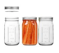 AOSEE Mason Jar 1L, 3 Piezas 32oz Tarros de Vidrio de Boca Ancha, Botes de Vidrio Impresos a Herméticas Jars con Tapa y Banda para enlatar, fermentar, encurtir y almacenar (32oz/1000ml)