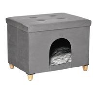 PawHut Cueva para Gatos 2 en 1 Taburete Reposapiés con Tapa Extraíble Orificio de Entrada Cojín Lavable y Patas Elevadas de Madera para Interior 60x45x44,5 cm Gris