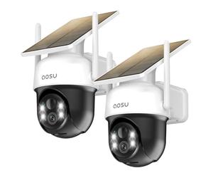 aosu 2 Paquetes Camara de Vigilancia WiFi Exterior Solar Cámaras Exteriores de Seguridad, Pannello Solare Fisso, 3MP 2K HD, 360 Gradi PTZ, Visione Notturna a Colori, Allarme Luminoso e Sonoro