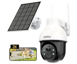 aosu 3K 5MP Cámara de Vigilancia WiFi Exterior, Pilas Cámara de Seguridad Inalámbrica, Panorama PTZ de 360°, Panel Solar Portátil, Detección PIR de Personas y Coches, Visión Nocturna Color