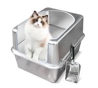 Aothey Bandeja Arenero de Acero Inoxidable con Tapa de Metal y Cuchara, Caja de Arena de Metal Cerrada para Gatos Grandes, Resistente al Óxido, Control de Olores, Fácil de Limpiar, Duradera