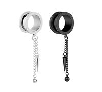 Aotiwe 1 par de pendientes de calibre, kit de estiramiento de calibre de acero inoxidable plateado negro redondo con cadena y colgante de cono, 1/2 inch, Acero inoxidable, Sin piedra preciosa