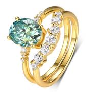 Aotiwe Anillo apilable, anillos de moissanita para mujer, delicado juego de 2 anillos con moissanita verde ovalada, L 1/2, Oro amarillo de 9 quilates, Moissanita