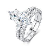 Aotiwe Anillo para mujer, anillos de plata para mujer, dos anillos ensamblados con moissanita marquesa de 7 x 14 mm, oro blanco/platino, I 1/2, Oro blanco de 18 quilates, Moissanita