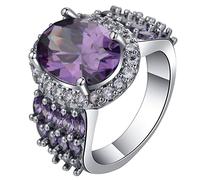 Aotiwe Anillo Parejas Novios, Anillos Bonitos Plata 4 Puntas con Púrpura Ovalada Circonita Talla 15