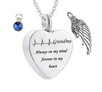 Aotiwe Collar de ceniza de acero inoxidable, cadena plateada con colgante de piedra natal con colgante de alas de ángel Always on My Mind Forever in My Heart for Grandma, acero inoxidable, 2x2.5cm