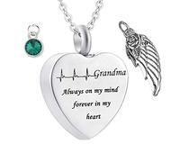Aotiwe Collar de ceniza de acero inoxidable, cadena plateada con colgante de piedra natal con colgante de alas de ángel Always on My Mind Forever in My Heart for Grandma, acero inoxidable, 2x2.5cm