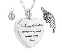 Aotiwe Collar de ceniza de acero inoxidable, cadena plateada con colgante de piedra natal con colgante de alas de ángel Always on My Mind Forever in My Heart for Grandma, acero inoxidable, 2x2.5cm
