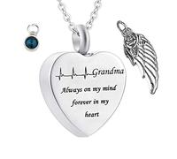Aotiwe Collar de ceniza de acero inoxidable, cadena plateada con colgante de piedra natal con colgante de alas de ángel Always on My Mind Forever in My Heart for Grandma, acero inoxidable, 2x2.5cm