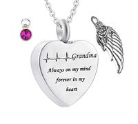 Aotiwe Collar de ceniza de acero inoxidable, cadena plateada con colgante de piedra natal con colgante de alas de ángel Always on My Mind Forever in My Heart for Grandma, acero inoxidable, 2x2.5cm