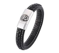 Aotiwe Pulsera de cuero para hombre, pulseras de amigos, pulsera de cabeza de Buda con adornos de acero inoxidable, 16.5CM, Negro, No es una piedra preciosa