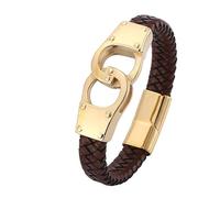 Aotiwe Pulseras de cuero para hombre joven, pulseras a juego, esposas a juego, cordón trenzado con adornos de acero inoxidable, 20.5CM, Marrón, No es una piedra preciosa