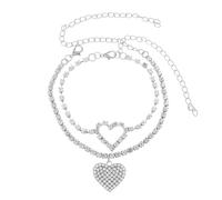 Aotiwe Pulseras de tobillo para mujer, juego de tobillera de doble capa con corazón y circonita cúbica, 20.5+10CM, Cobre, Circonita cúbica