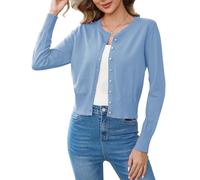 Aottori Bolero Mujer Fiesta Cardigan Corta Chaqueta Elegante Manga Larga Cuello Redondo Sólido Abrigo de Punto con Botones para Primavera Verano Azul Real L