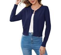 Aottori Bolero Mujer Fiesta Cardigan Corta Chaqueta Elegante Manga Larga Cuello Redondo Sólido Abrigo de Punto con Botones para Primavera Verano Azul Marino XXL