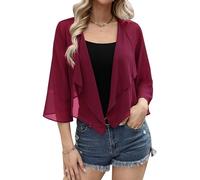 Aottori Bolero Mujer Verano Gasa Chaqueta Manga 3/4 Fiesta Toreras Elegante Corta Shrug Tops Casual Ligero Cuello en V Abrigo Primavera Otoño Vino Rojo S