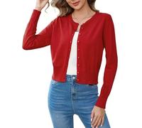 Aottori Bolero Rojo Mujer Fiesta Cardigan Corta Chaqueta Elegante Manga Larga Cuello Redondo Sólido Abrigo de Punto con Botones para Primavera Verano Rojo M