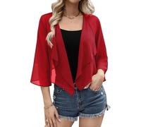 Aottori Bolero Rojo Mujer Verano Gasa Chaqueta Manga 3/4 Fiesta Toreras Elegante Corta Shrug Tops Casual Ligero Cuello en V Abrigo Primavera Otoño Rojo XXL