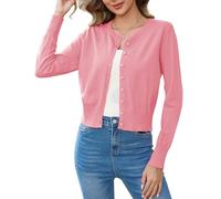 Aottori Bolero Rosa Mujer Fiesta Cardigan Corta Chaqueta Elegante Manga Larga Cuello Redondo Sólido Abrigo de Punto con Botones para Primavera Verano Rosa S
