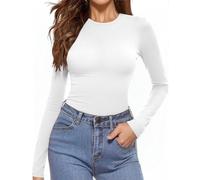 Aottori Camiseta Cuello Redondo Mujer Manga Larga Básica Tops Elástica Ajustada Ligera Ropa Interior Térmica Suave Cálida para Otoño Invierno Primavera Blanco S
