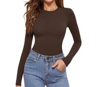 Aottori Camiseta Cuello Redondo Mujer Manga Larga Básica Tops Elástica Ajustada Ligera Ropa Interior Térmica Suave Cálida para Otoño Invierno Primavera Marrón XS