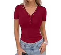 Aottori Camiseta Manga Corta Mujer Verano Cuello V Básica Camiseta Acanalada Botones Capa Base Camiseta Interior Suave Ajustada Estirada Casual Pullover Tunica Top Rojo XL