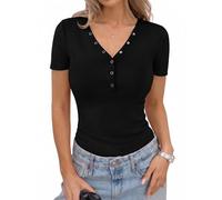 Aottori Camiseta Manga Corta Mujer Verano Cuello V Básica Camiseta Acanalada Botones Capa Base Camiseta Interior Suave Ajustada Estirada Casual Pullover Tunica Top Negro XS