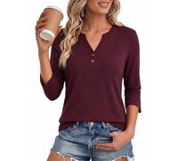 Aottori Camiseta Mujer Manga 3/4 Algodón Top Verano Cuello en V Henley Tshirt con Botones Corte Holgado Blusa Casual Diario Vino Tinto L
