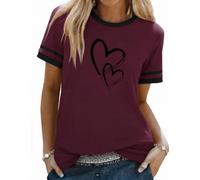 Aottori Camiseta Mujer Verano Algodon Cuello Redondo Manga Corta T-Shirt Suelto con Estampado Top Casual Basicas Camisetas Vino Tinto S