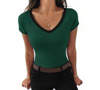 Aottori Camiseta Mujer Verano Manga Corta Cuello V Top Canalé Elástico Slim Fit Color Block Básico Elegante Casual Cómoda Ligera para Uso Diario Salida Verde L