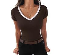 Aottori Camiseta Mujer Verano Manga Corta Cuello V Top Canalé Elástico Slim Fit Color Block Básico Elegante Casual Cómoda Ligera para Uso Diario Salida Marrón L