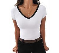Aottori Camiseta Mujer Verano Manga Corta Cuello V Top Canalé Elástico Slim Fit Color Block Básico Elegante Casual Cómoda Ligera para Uso Diario Salida Blanco L
