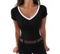 Aottori Camiseta Mujer Verano Manga Corta Cuello V Top Canalé Elástico Slim Fit Color Block Básico Elegante Casual Cómoda Ligera para Uso Diario Salida Negro L